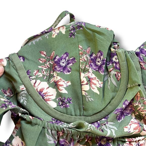 Blush BJ Womens Crop Top Floral Print Pleated Underwire Cutout Back Green Small - Picture 8 of 11